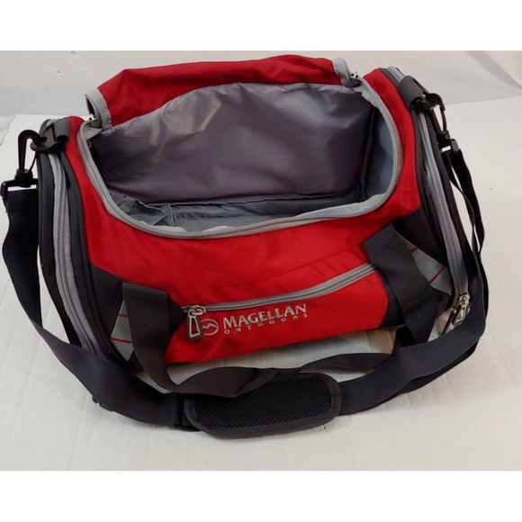 Magellan Outdoors Duffel Gym Bag Red Gray Black Crossbody Strap Travel - Picture 1 of 6